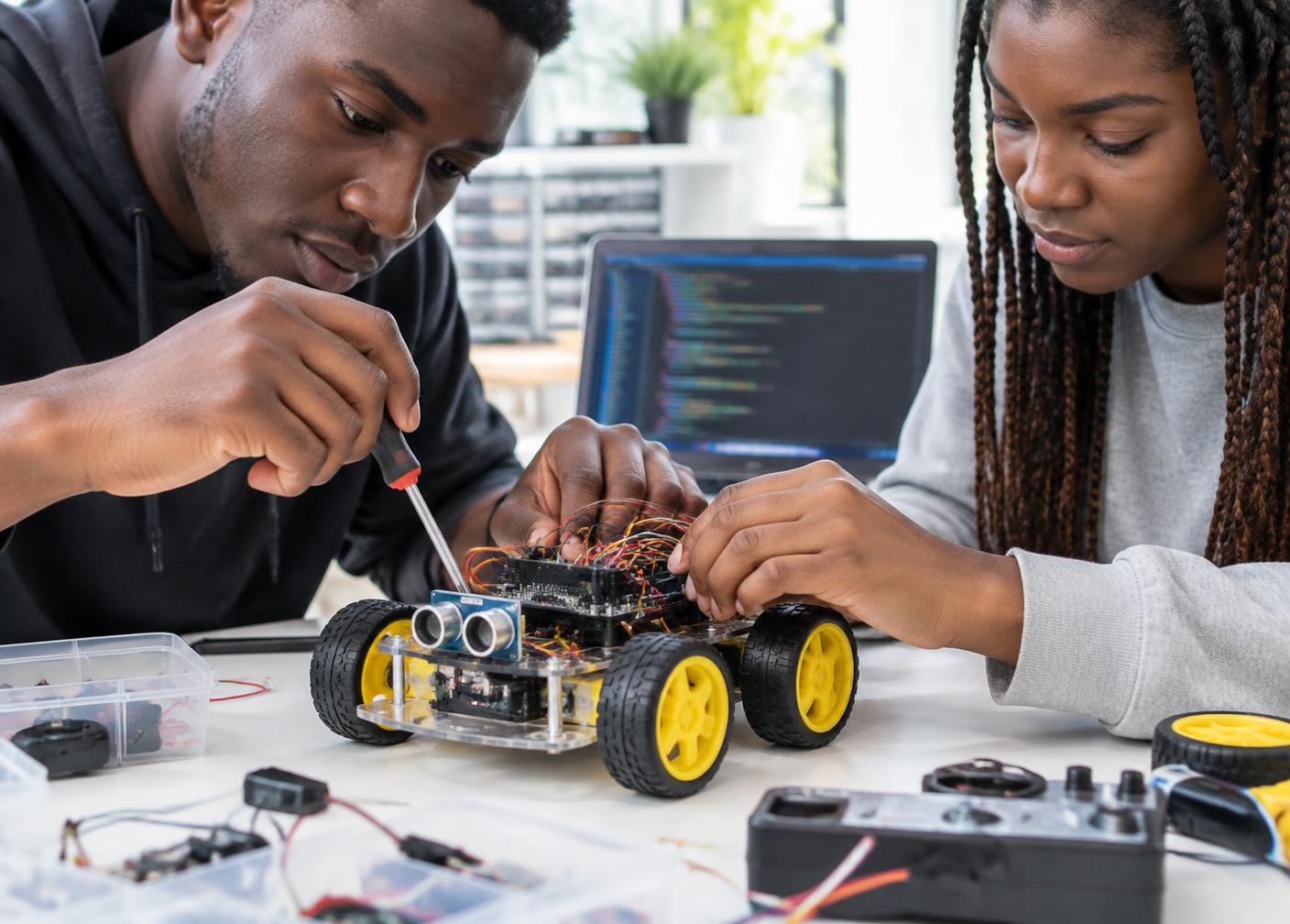 Learners assembling a sensor-equipped robot car — illustrative scene